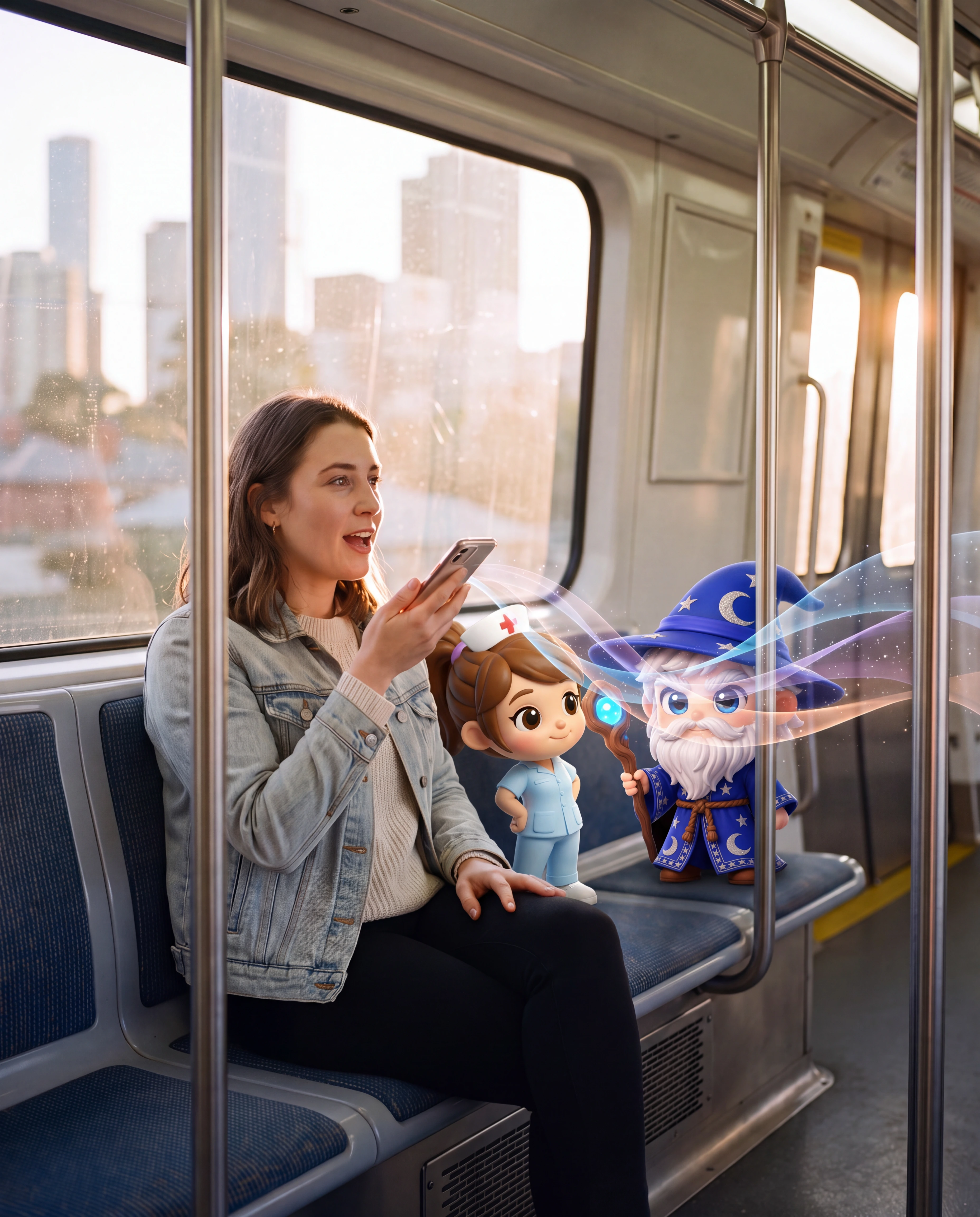 A woman talking to her phone on a Melbourne train, with Emma and Merlin sitting beside her